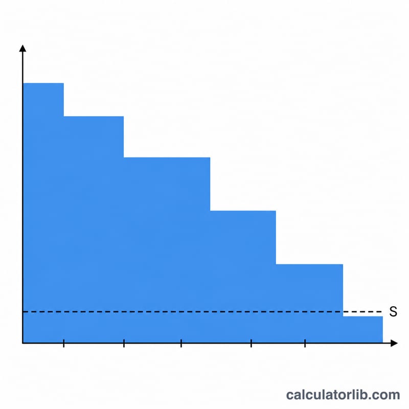 Step chart of book value declining by uneven amounts each period down to a salvage value line