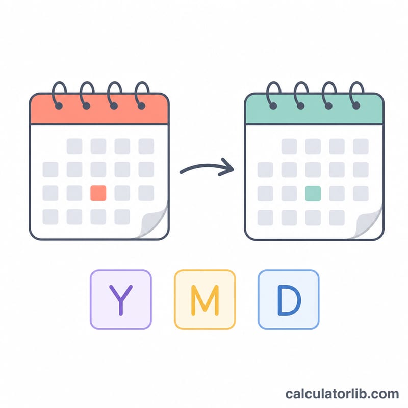 Two calendar pages with an arrow between showing elapsed time as years, months and days