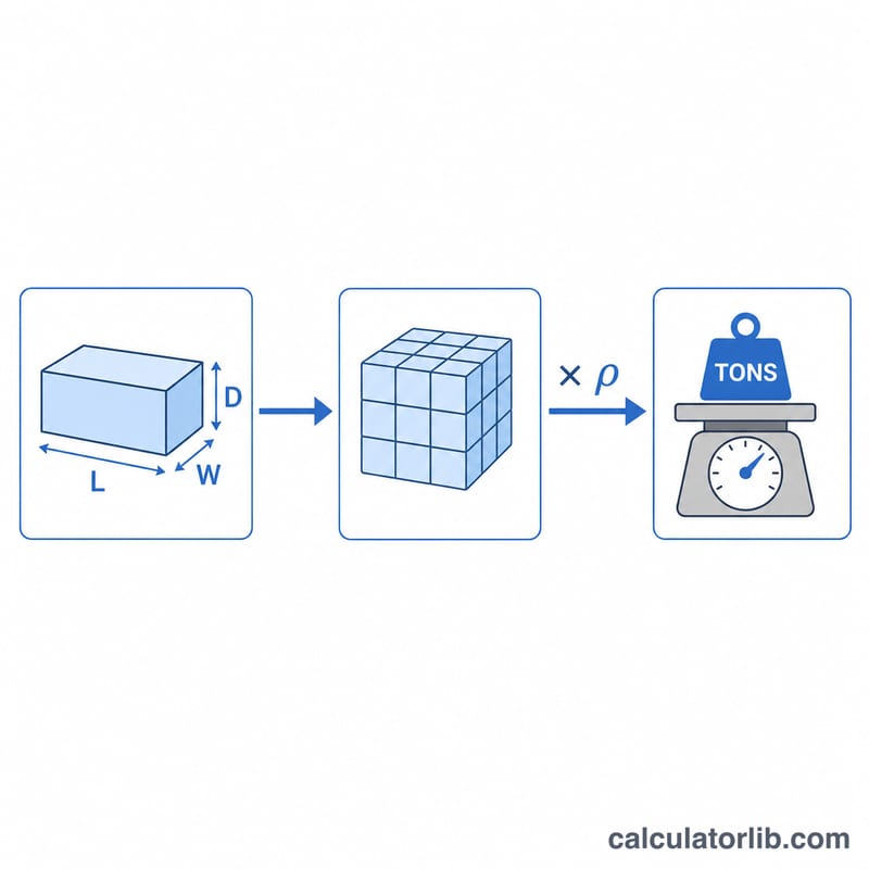 Flow diagram converting length width depth into volume then tons