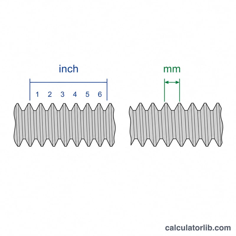 Sơ đồ so sánh cách đếm TPI trong một inch với bước ren hệ mét tính bằng milimét