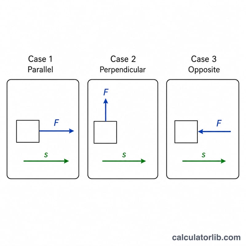 Tres casos: fuerza paralela, perpendicular y opuesta al desplazamiento