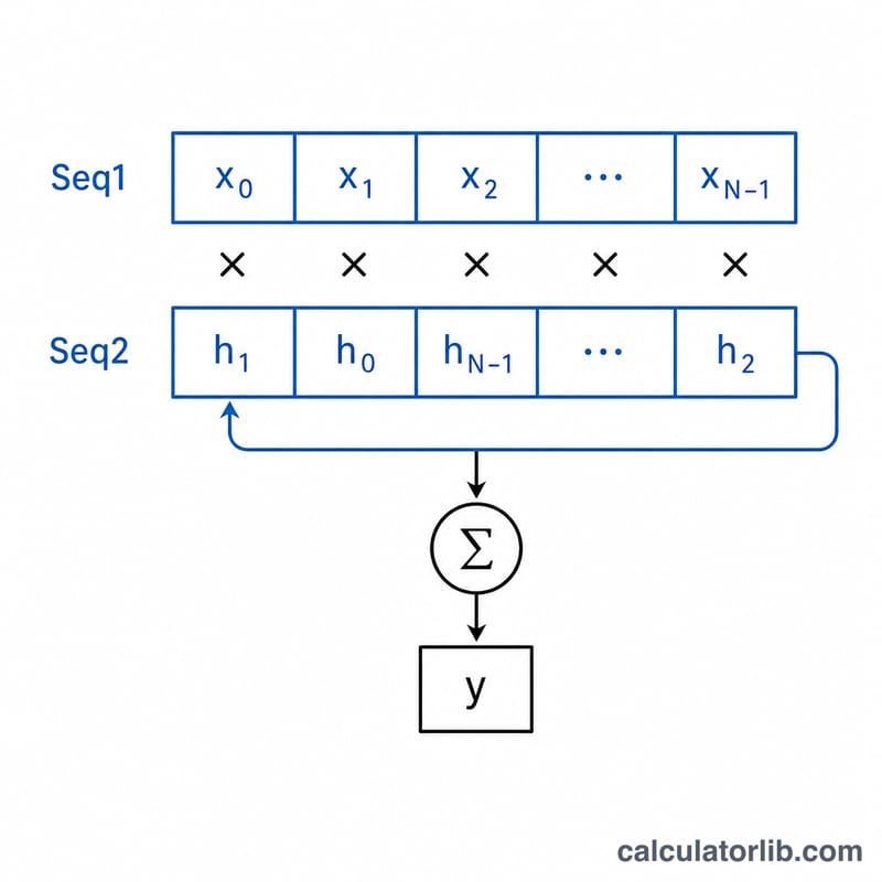 Step-by-step grid showing sample-by-sample multiply and sum for circular convolution