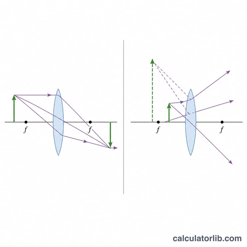 Diagram comparing real inverted image and virtual upright image cases