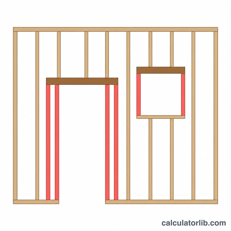 Wall frame with a door opening and a window opening, highlighting extra king and jack studs around each