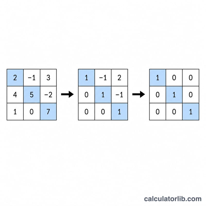 Three-step sequence of a matrix being reduced through Gauss-Jordan elimination