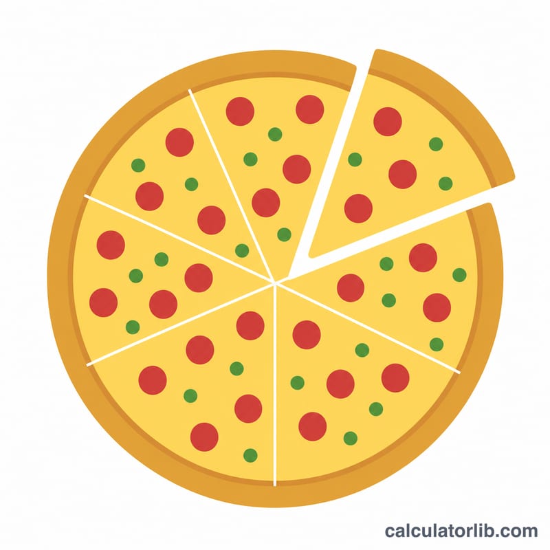 Top-down pizza divided into 8 equal slices with one slice pulled out
