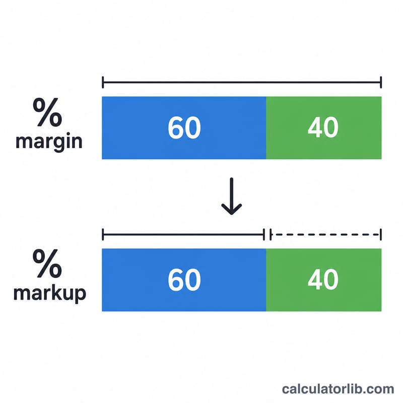 Worked example bar showing a 40 percent margin converting to a markup of about 67 percent