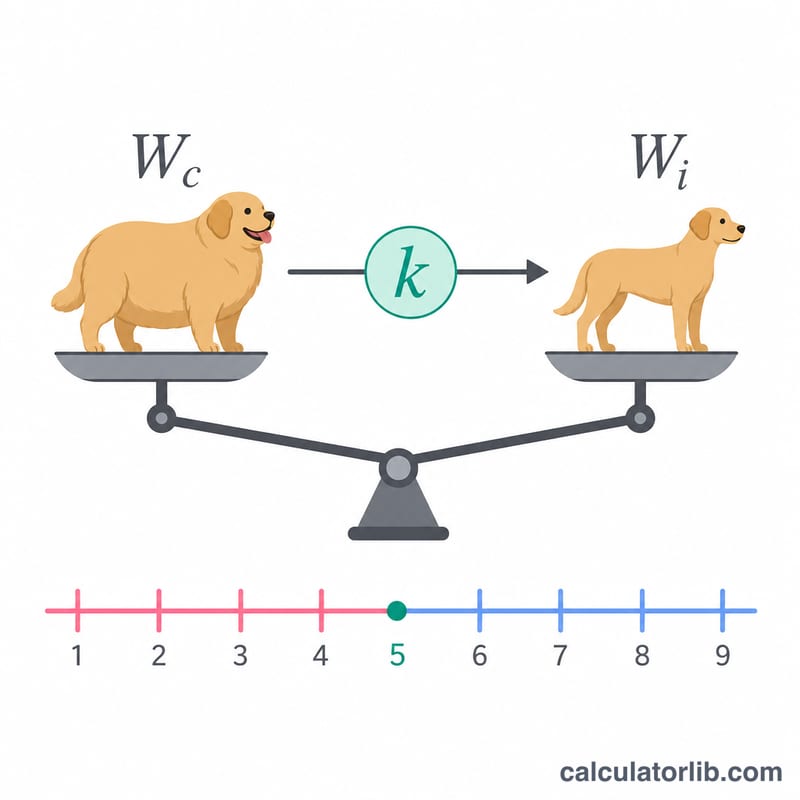 Diagram showing current weight divided by a BCS adjustment factor giving ideal weight