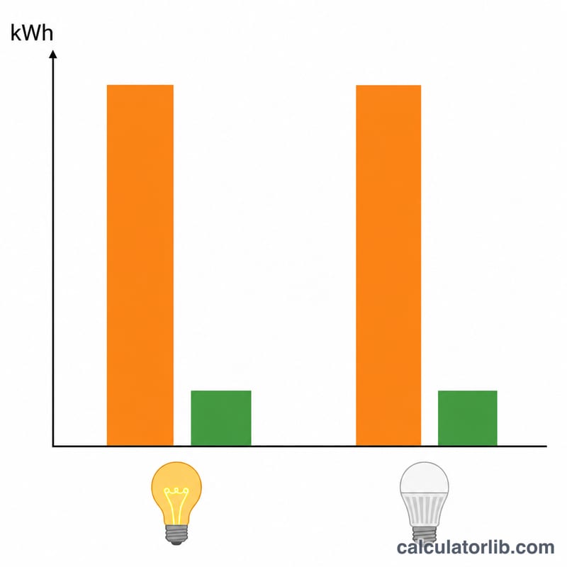 Flat bar chart comparing kWh and cost for incandescent versus LED bulbs