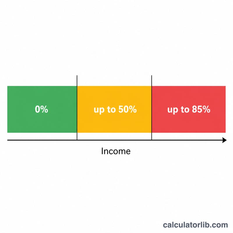 暫定所得に応じて0％、最大50％、最大85％の課税区分を示す横帯グラフ