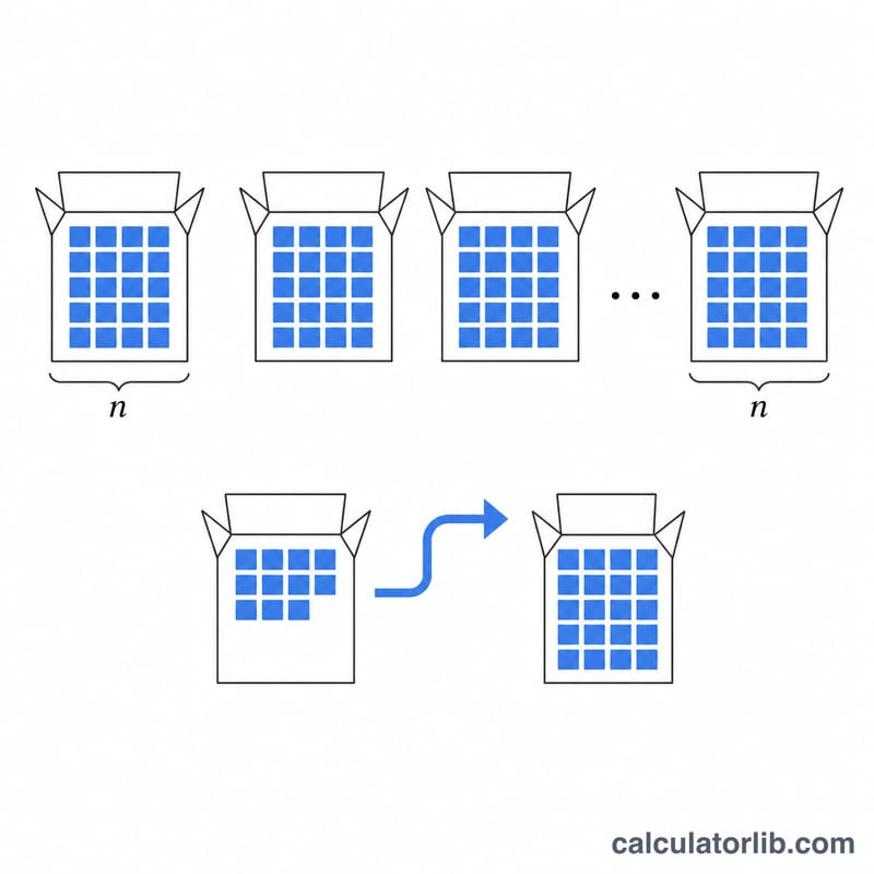 Total tiles needed grouped into boxes with leftover tiles
