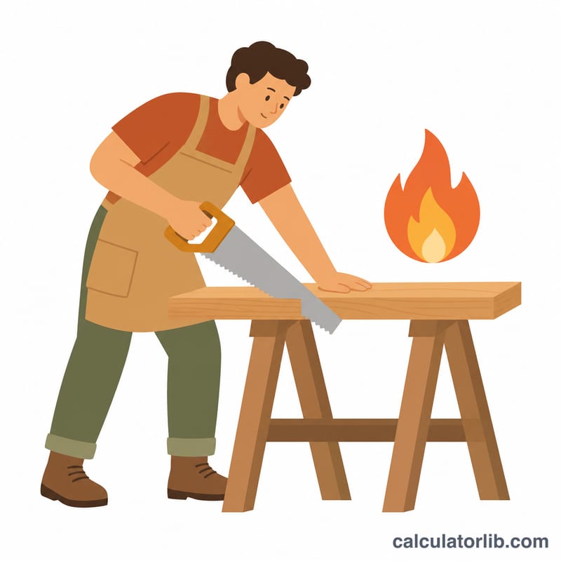 Người cưa gỗ trên giá cưa cùng biểu tượng ngọn lửa thể hiện lượng calo đốt cháy