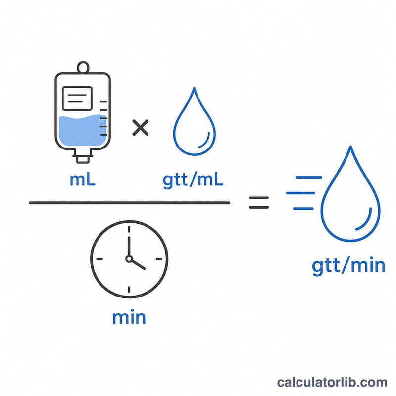 Diagrama plano de la fórmula que muestra volumen por factor de goteo dividido por tiempo igual a gotas por minuto