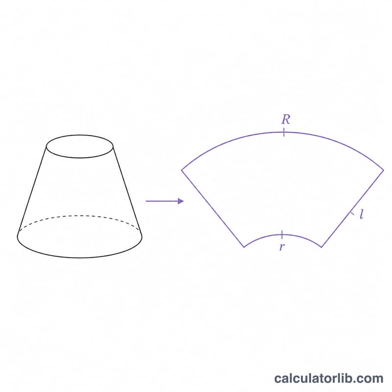 Conical frustum unrolled to show how lateral surface area is formed