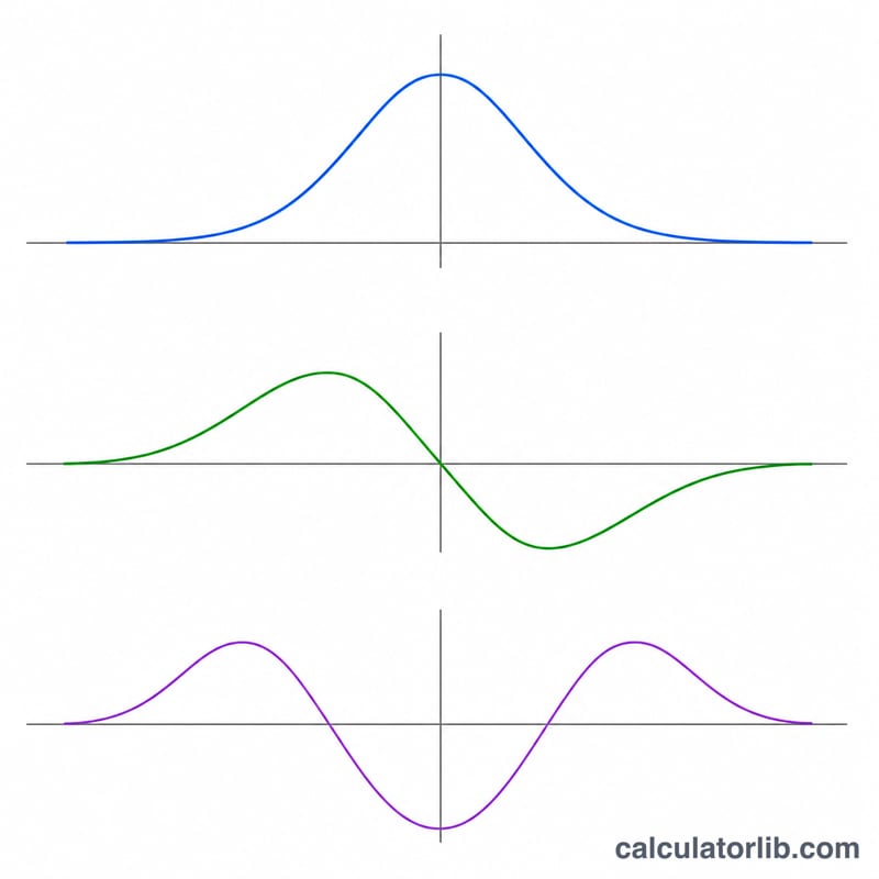 n=0、n=1、n=2 的三条叠放谐振子波函数曲线
