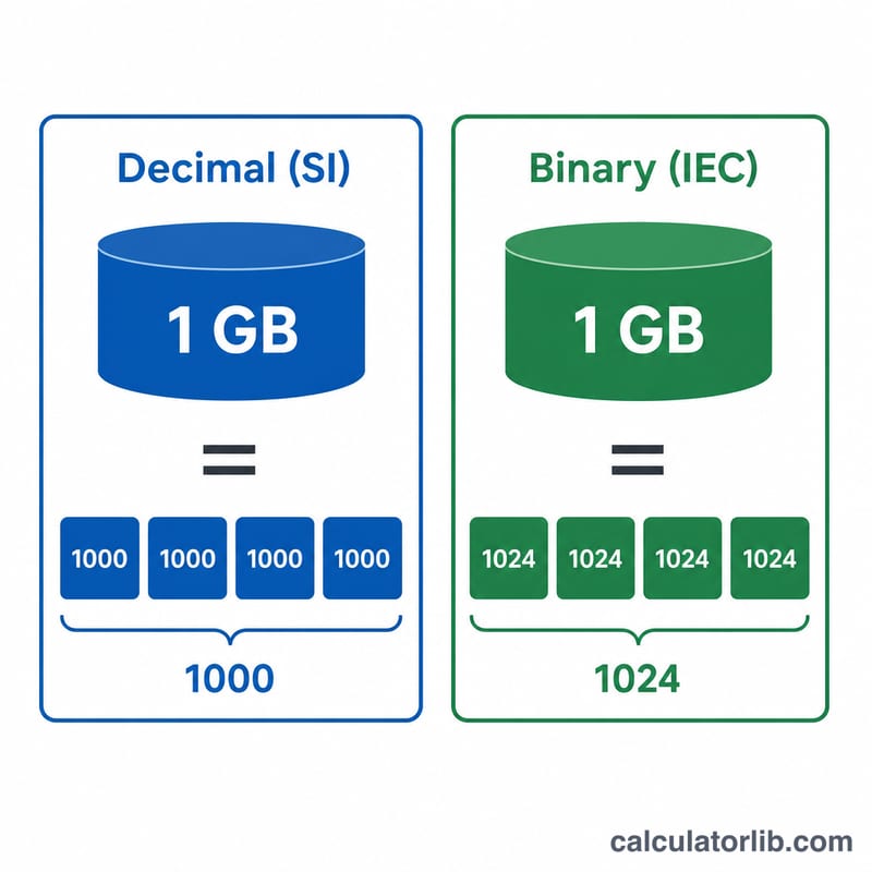 Side-by-side comparison of decimal 1000 MB and binary 1024 MB per GB