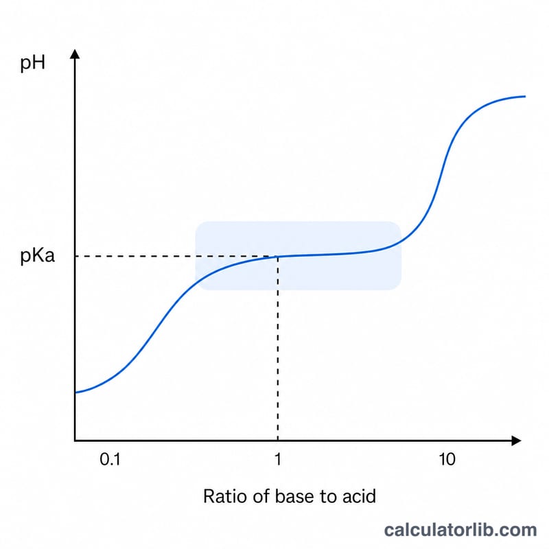 Buffer curve showing flat plateau region where pH equals pKa at equal acid and base amounts