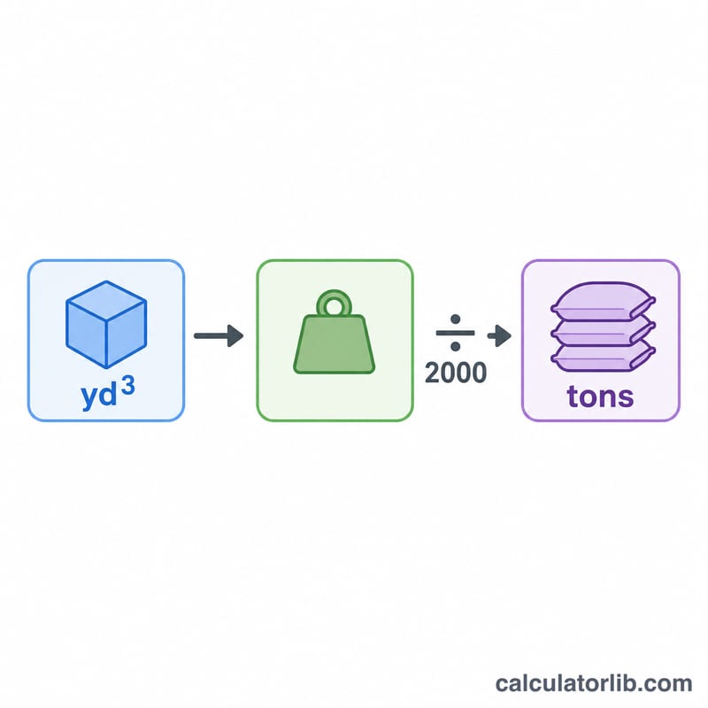 Flow diagram converting cubic yards times density divided by 2000 to tons