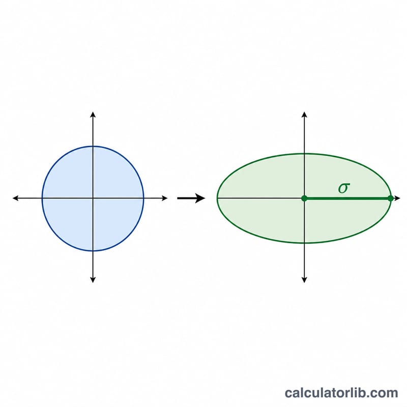 Unit circle mapped to an ellipse with longest axis marking the largest singular value