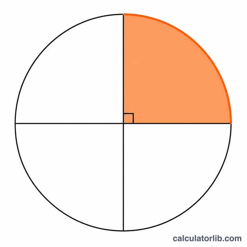 Quart de cercle montrant un angle de 90 degrés produisant un arc égal à un quart de la circonférence
