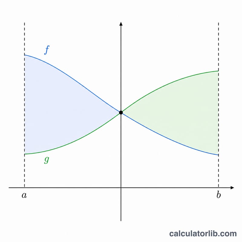 Two curves crossing, with two separately shaded regions where each function is on top