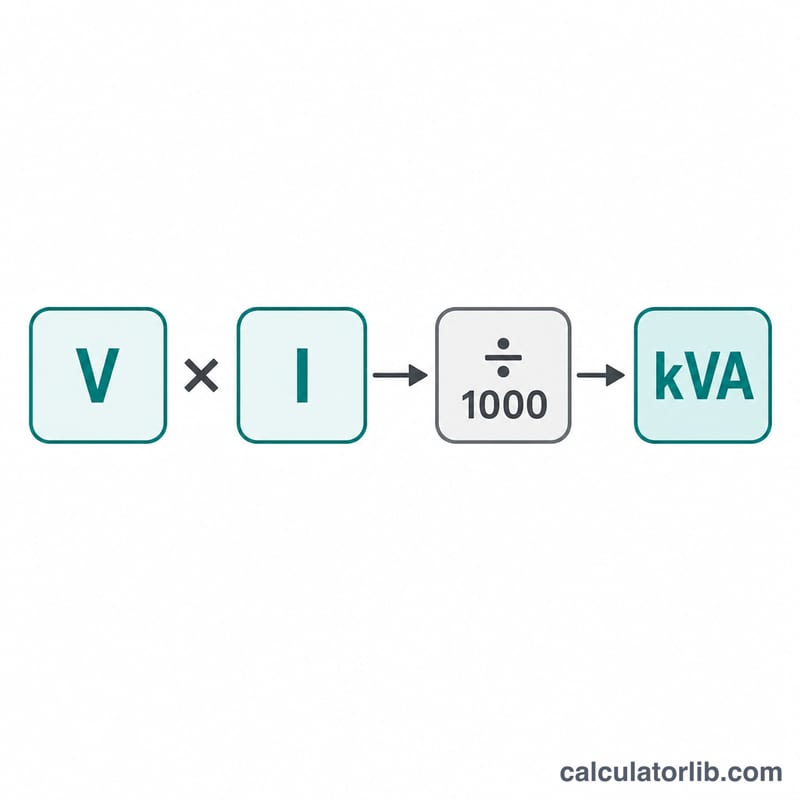 Diagrama de flujo que muestra voltaje por corriente dividido entre 1000 dando la potencia nominal del transformador en kVA