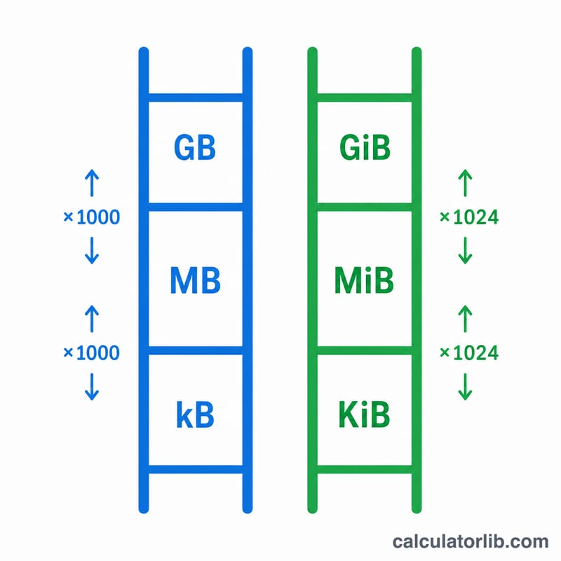 Two parallel ladders comparing decimal and binary storage unit scales