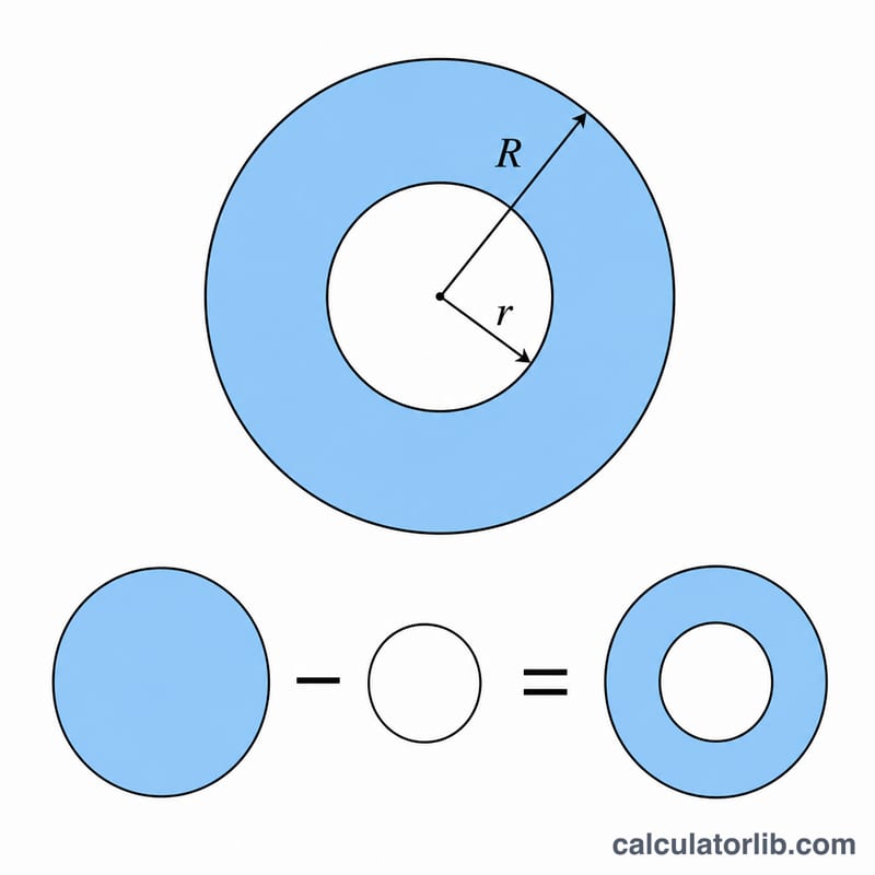 Top view of hollow cylinder ring showing area equals big circle minus small circle