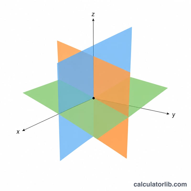 Three intersecting planes meeting at a single point in 3D space representing the unique solution of a 3x3 linear system