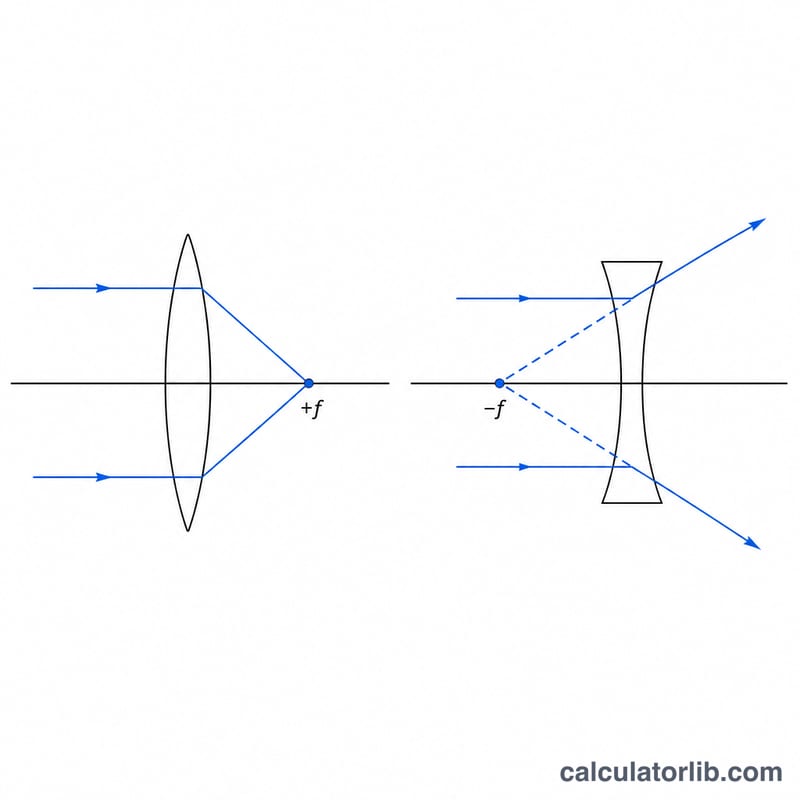 Comparison of converging and diverging lens shapes with their sign conventions