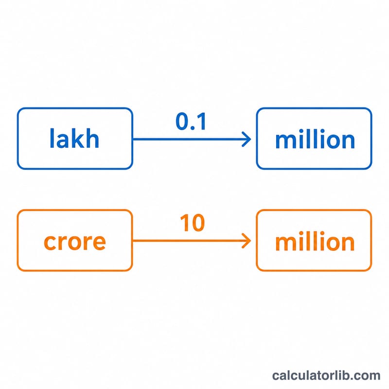 Conversion arrows showing 1 lakh equals 0.1 million and 1 crore equals 10 million