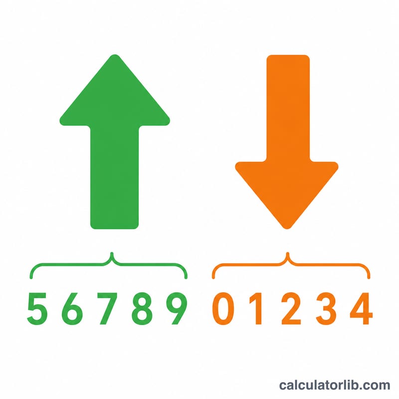 Diagram showing the rounding rule: digits 5-9 round up, 0-4 round down