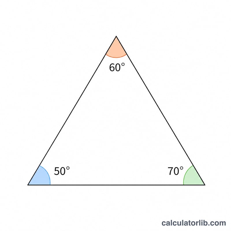 Worked example triangle with angle values 50 and 60 degrees and third angle 70