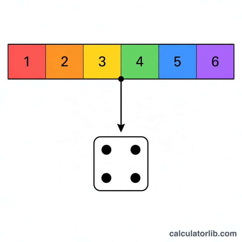 Diagram mapping a random number between 0 and 1 to a dice face from 1 to 6