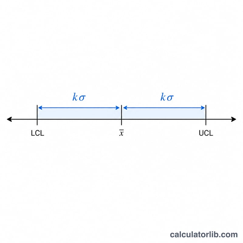 Number line showing the mean at center with bands at plus and minus k sigma marking UCL and LCL