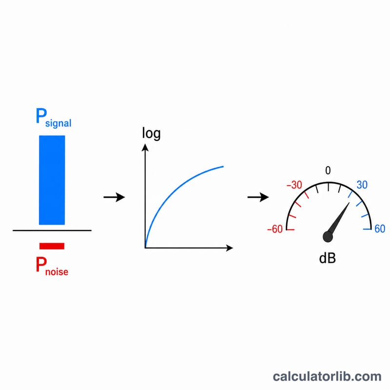 Formula breakdown of SNR in decibels as ten times log base ten of signal power over noise power
