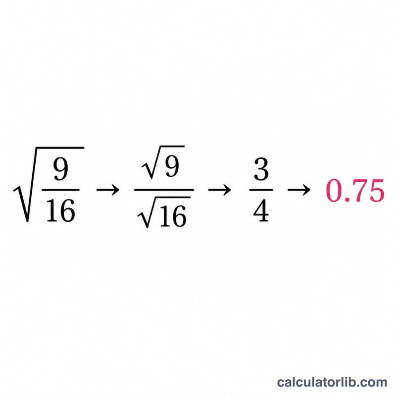 Worked example of square root of 9 over 16 equals 3 over 4 equals 0.75