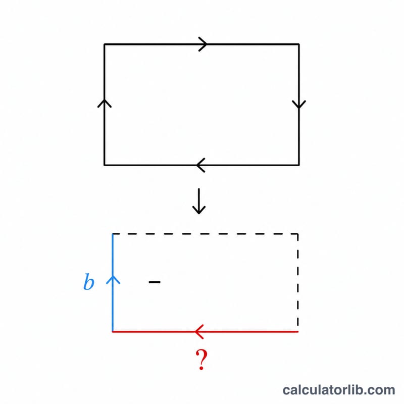 Diagram showing perimeter split in half to give the sum of two adjacent sides, then subtracting the known side.