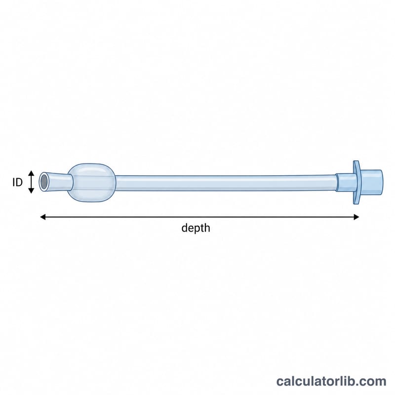Diagram of an endotracheal tube showing internal diameter and insertion depth measurements