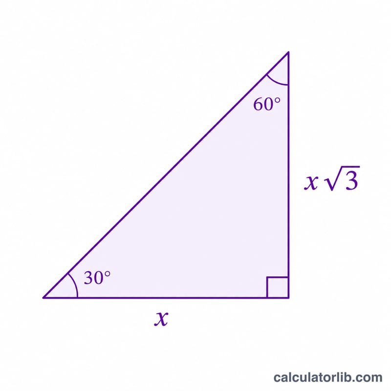 Triángulo 30-60-90 con base x y altura x√3 que ilustra el cálculo del área