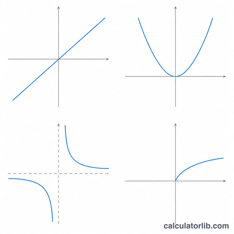 Four small graphs showing linear, quadratic, rational, and square root functions