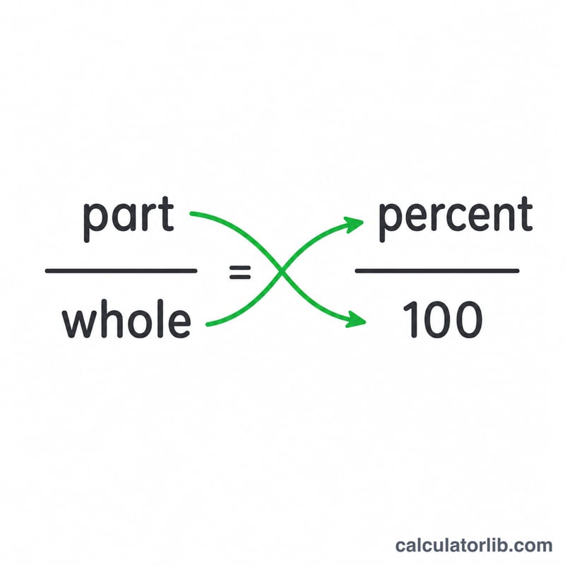 Cross multiplication arrows connecting part, whole, percent and 100