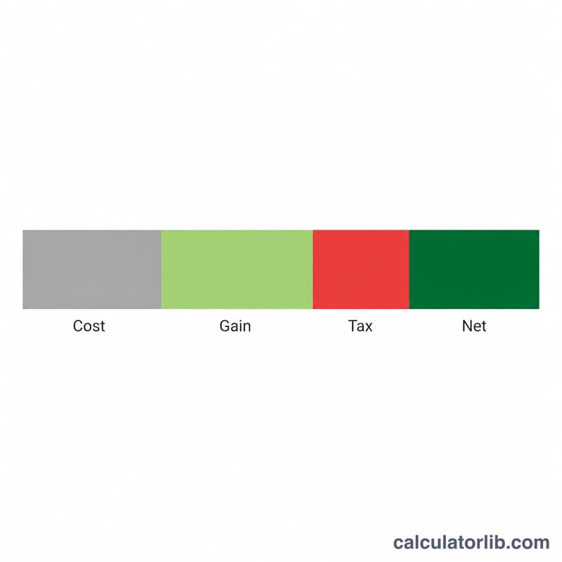 Bar split showing total sale proceeds divided into original cost, taxable gain, tax owed, and net profit