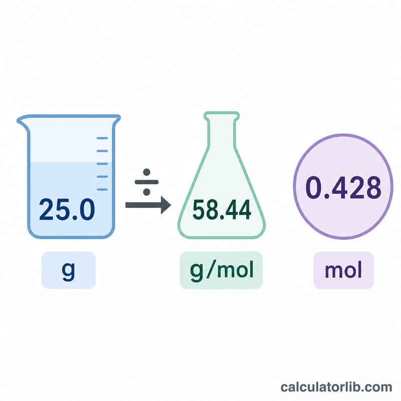 Worked example showing grams of a substance converted into moles