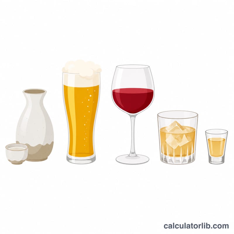 Five flat icons of sake, beer, wine, shochu and spirits glasses in a row
