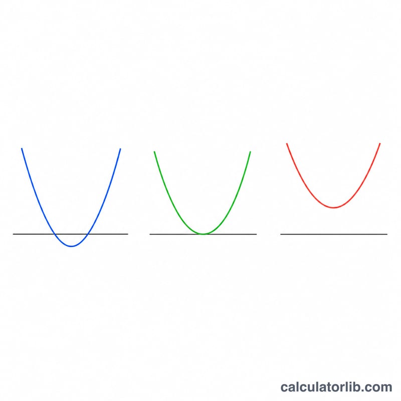 Three parabolas showing two real roots, one repeated root, and no real roots