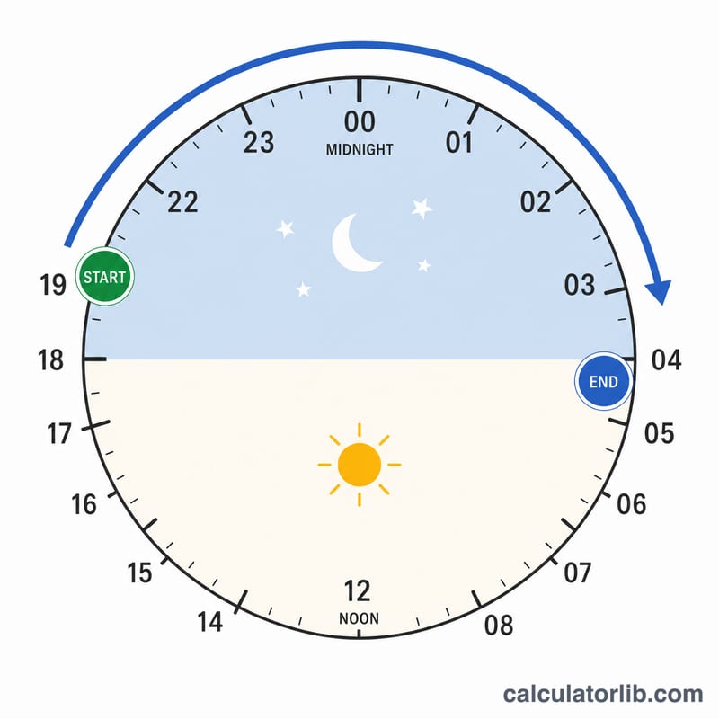 Cadran circulaire de 24 heures avec une flèche franchissant minuit d'un début le soir à une fin le matin