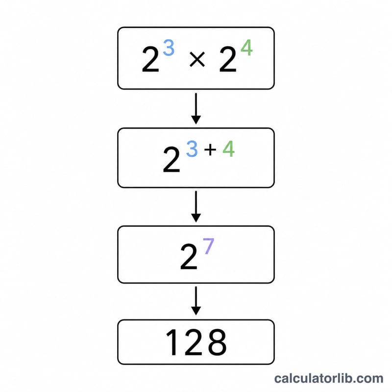 Worked example showing a squared times a cubed combining to a to the fifth power