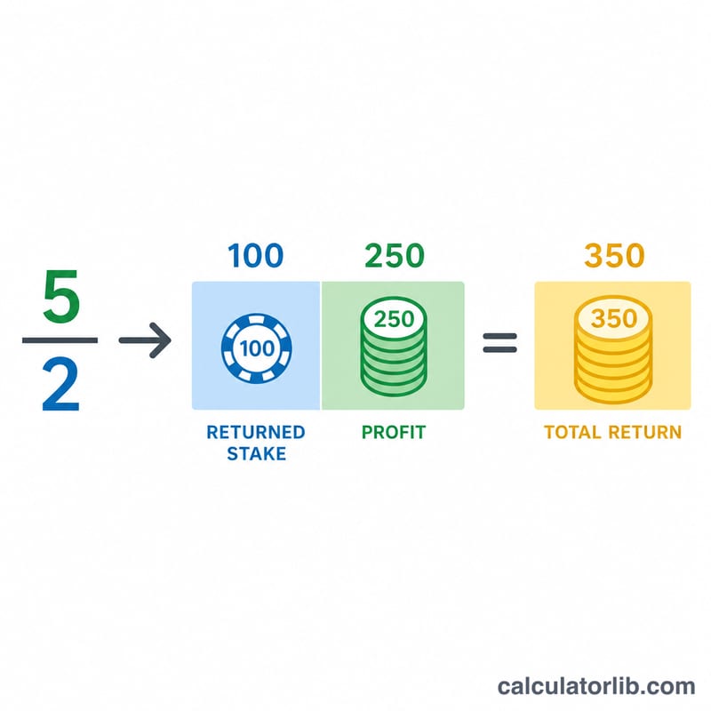 Worked example of a 5/2 bet showing stake, profit and total payout