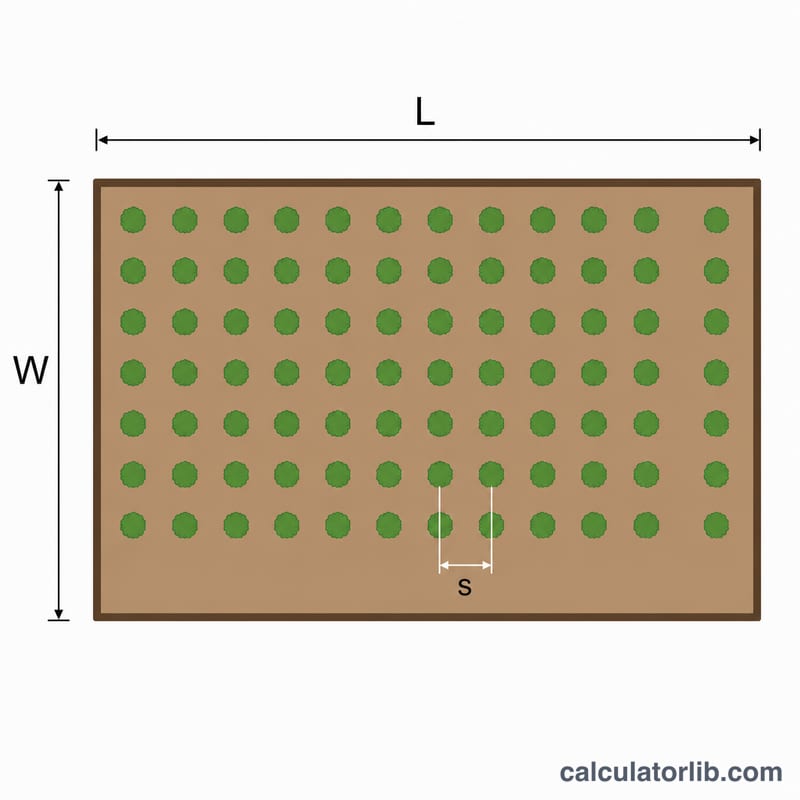 Vue de dessus d'une planche de jardin rectangulaire remplie de plants régulièrement espacés
